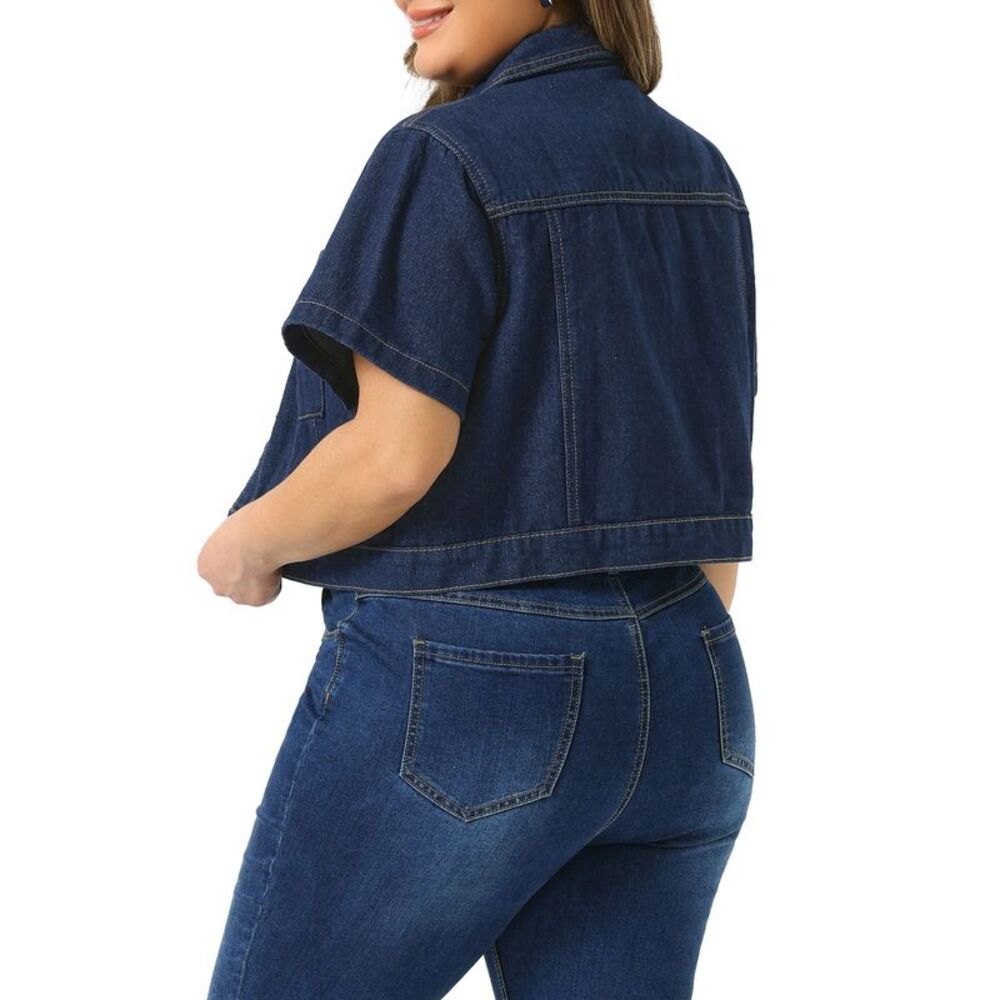 Women's Plus Size Short Sleeve Button Cropped Denim Jackets Dark Blue - Picture 4 of 5